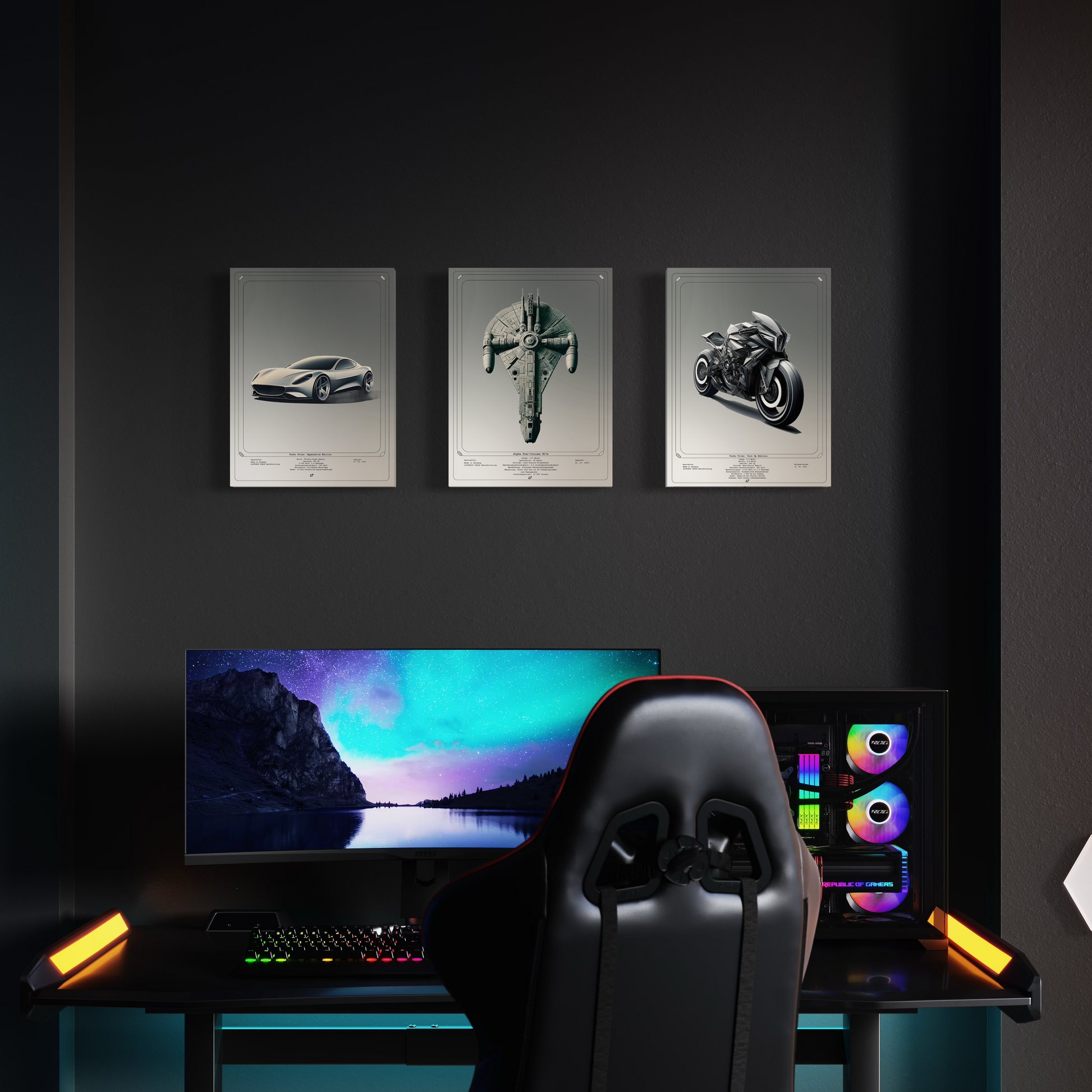 Ein Gaming setup Mockup von einem Acrylglasbild mit Auto, Raumschiff und Motorrad.