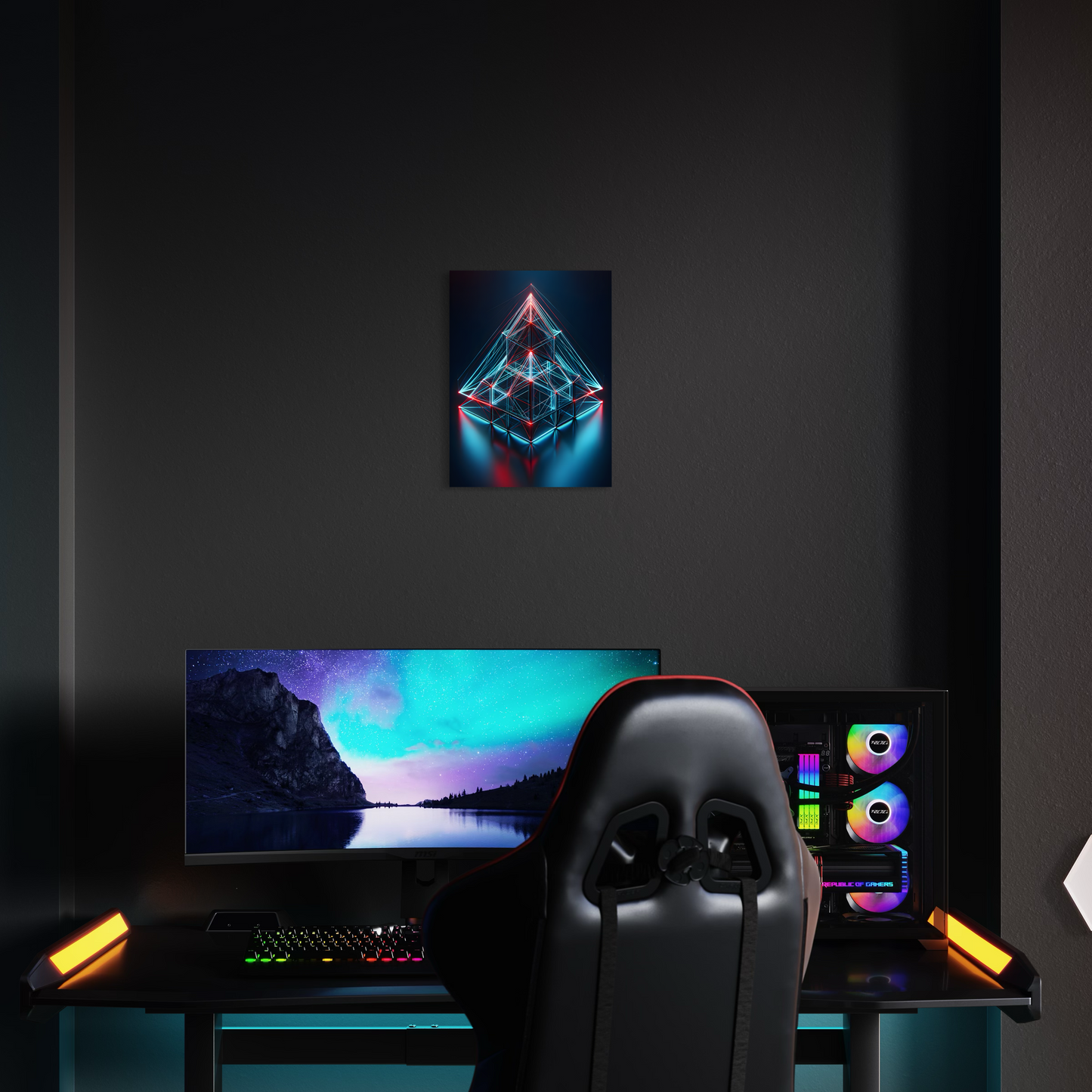 Ein Gaming setup Mockup von einem Acrylglasbild mit Cyber Pyramide.