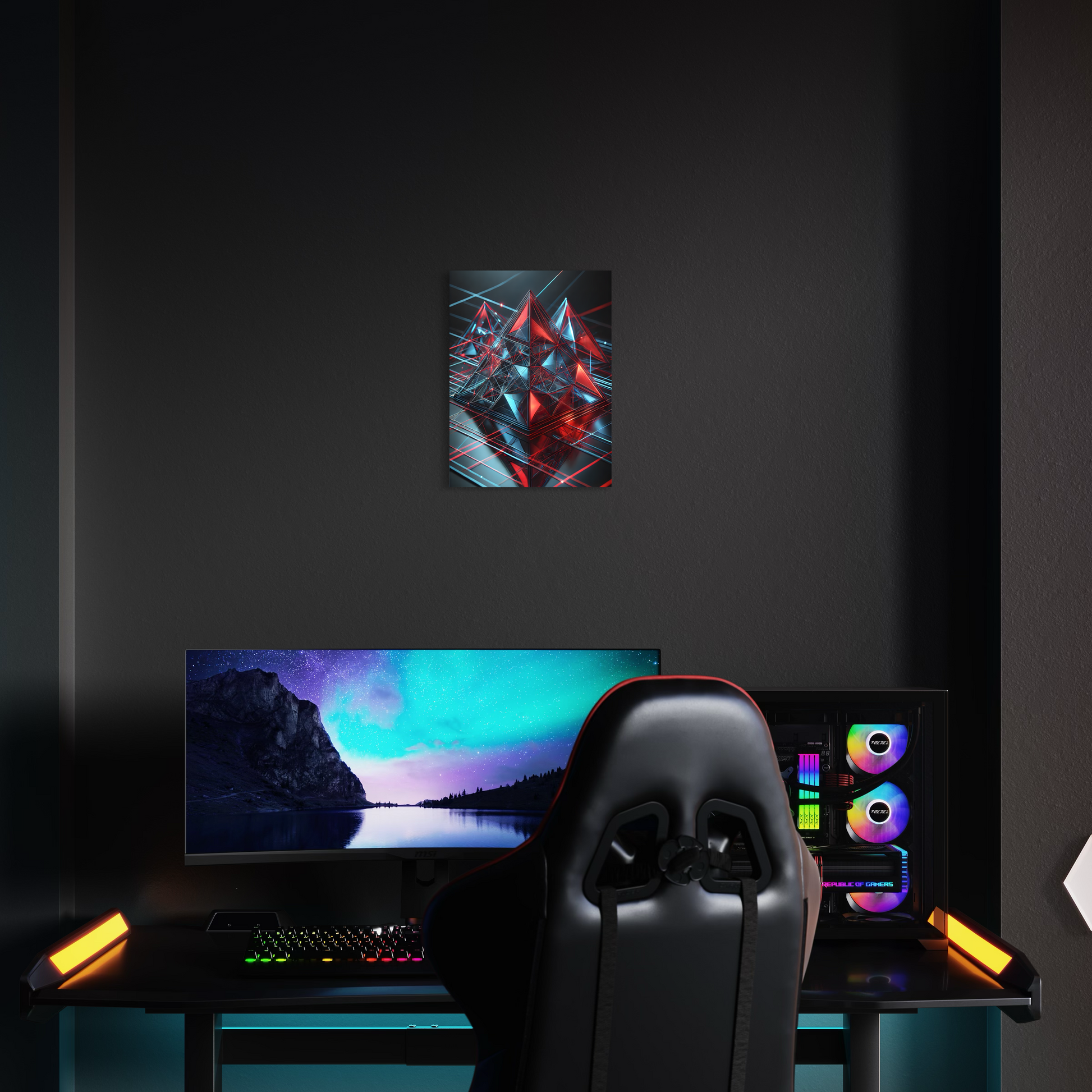 Ein Gaming setup Mockup von einem Acrylglasbild mit Cyberwelt.