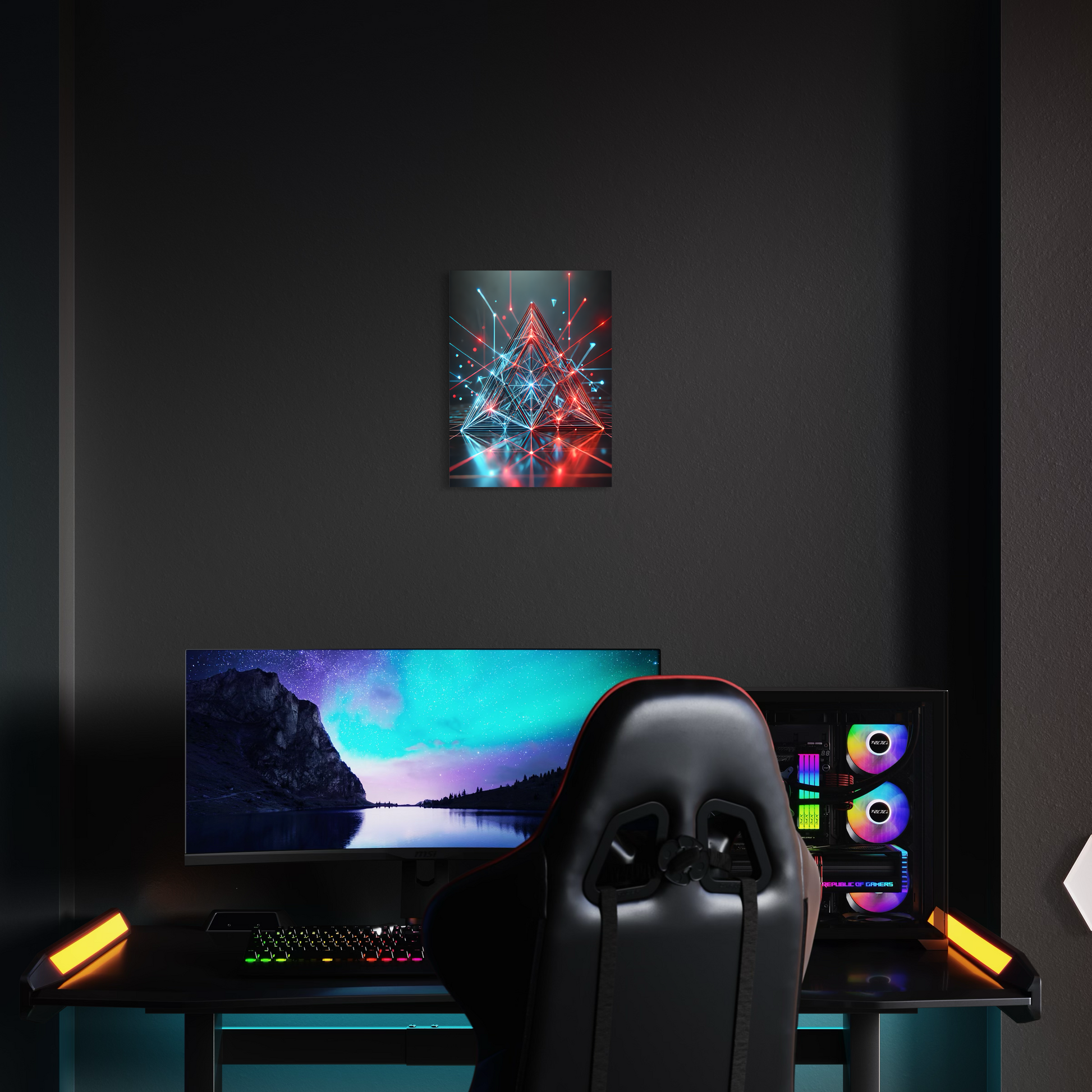 Ein Gaming setup Mockup von einem Acrylglasbild mit Digitale Erleuchtung.