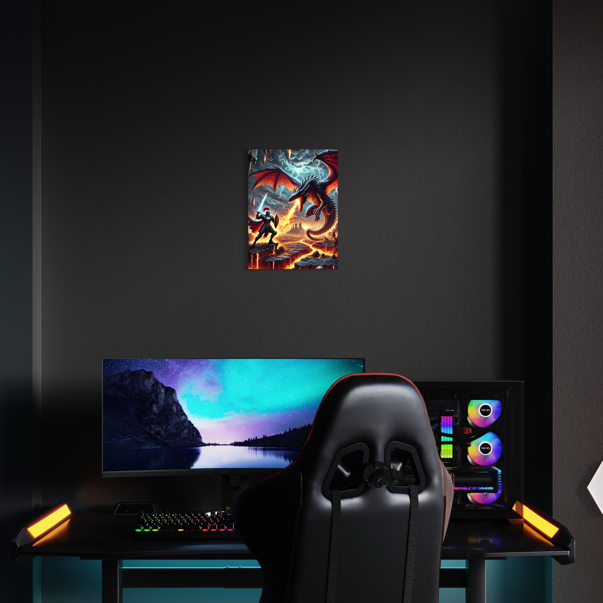 Ein Gaming setup Mockup von einem Acrylglasbild mit Inferno Kampf.