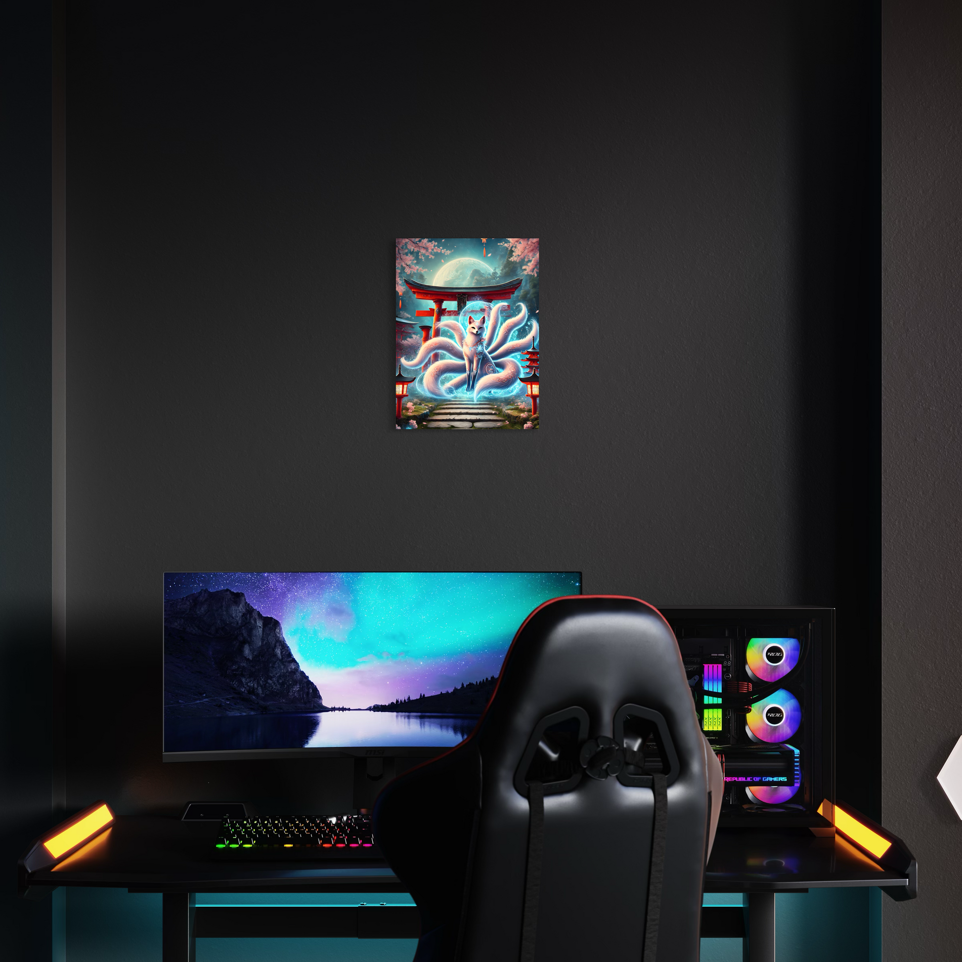 Ein Gaming setup Mockup von einem Acrylglasbild mit Kumiho der Erleuchtung.