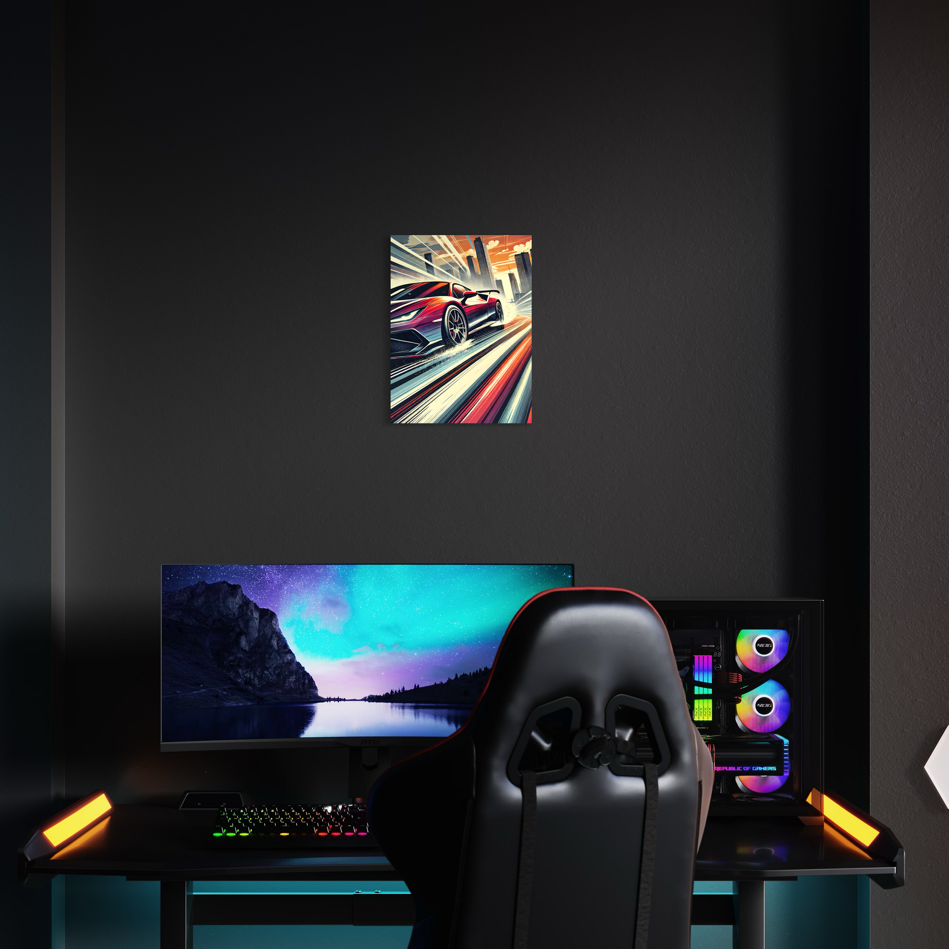 Ein Gaming setup Mockup von einem Acrylglasbild mit Speed Rush.